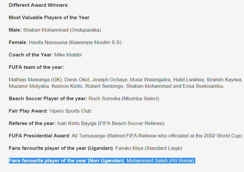 قائمة الفائزين بجوائز الاتحاد الاوغندي لكرة القدم