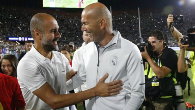 زيدان مدرب ريال مدريد وجوارديولا مدرب برشلونة السابق زيدان مدرب ريال مدريد وجوارديولا