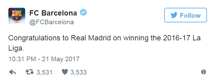 تهنئة برشلونة لريال مدريد