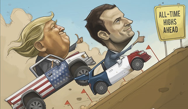 كاريكاتير ساخر عن السباق بين ماكرون وترامب