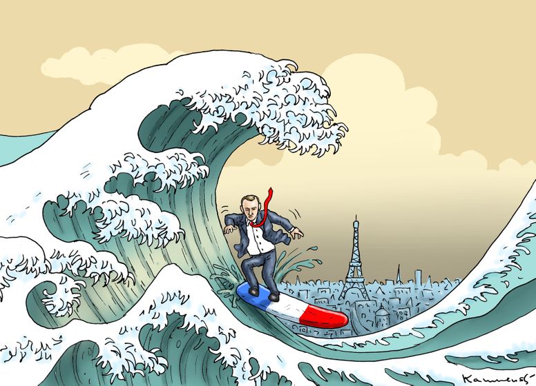 كاريكاتير ساخر عن ماكرون وسط الأمواج