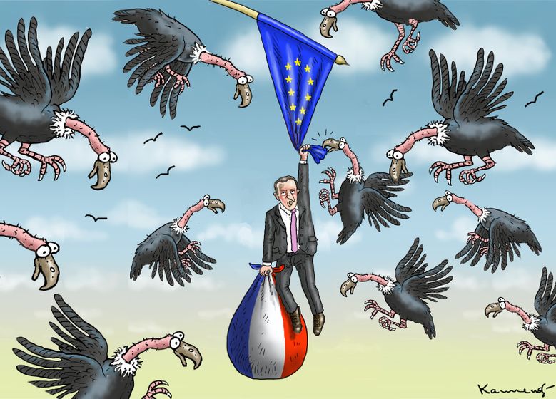 كاريكاتير عن ماكرون وهو يحاول التمسك بالاتحاد الأوروبى