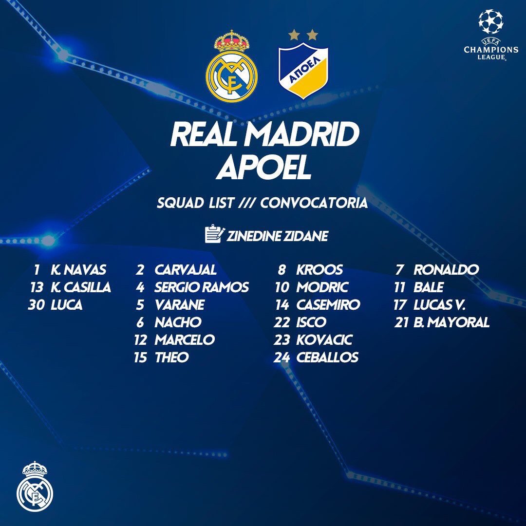 قائمة ريال مدريد لمباراة أبويل القبرصى