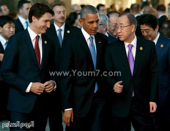 رئيس الوزراء الكندى جاستن ترودو والرئيس أوباما والأمين العام للأمم المتحدة بان كى مون. -اليوم السابع -11 -2015