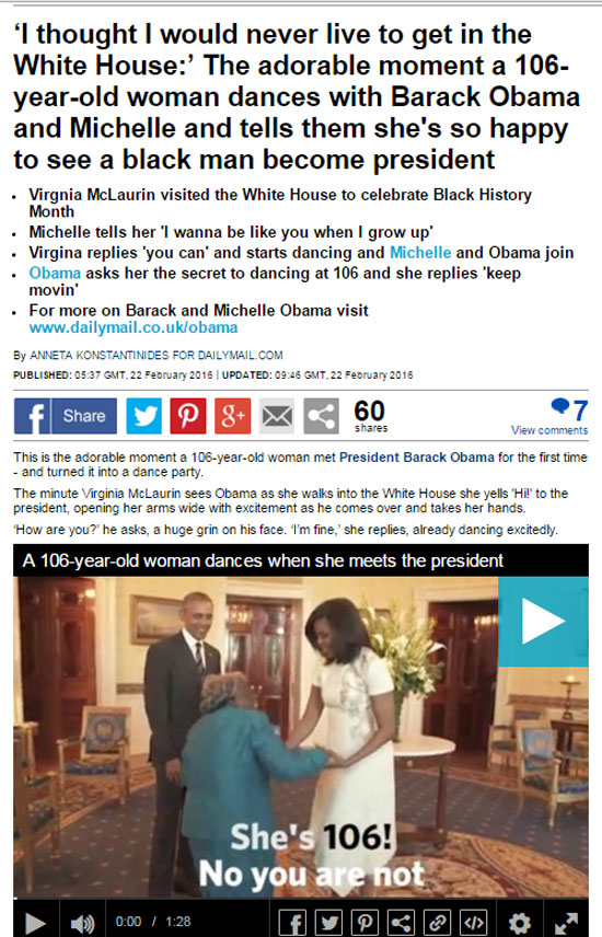 باراك وميشيل أوباما يرقصان مع مسنة عمرها 106 أعوام (1)