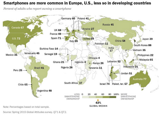 خريطة تكشف معدل استخدام العالم للهواتف الذكية
