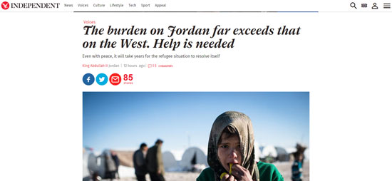 ملك الأردن يضع روشتة لحل أزمة اللاجئين فى مقال بالإندبندنت