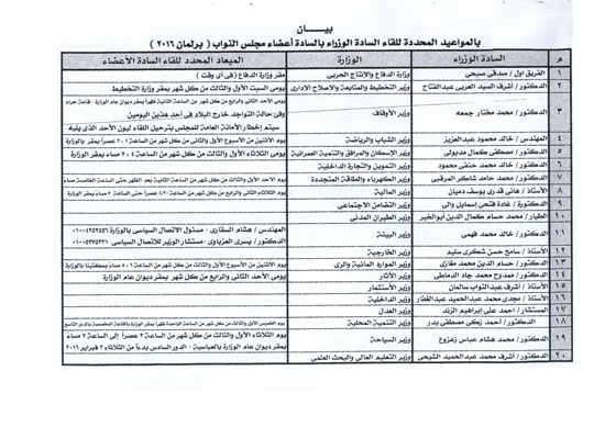 جدول وزراء حكومة شريف إسماعيل لمقابلة النواب (2)
