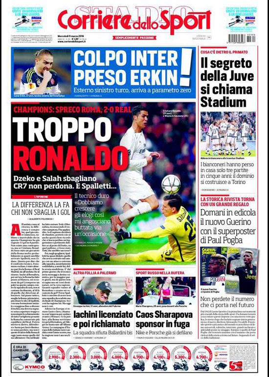 صحف إيطاليا رونالدو يعاقب روما على فرص محمد صلاح ودجيكو (1)