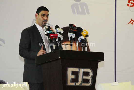 حسام فريد رئيس جمعية شباب الأعمال خلال كلمته بمعرض 