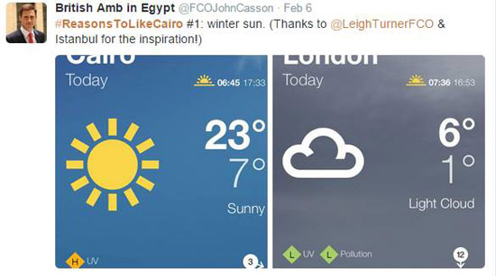 شمس الشتاء ونشر صورتين للمقارنة بين الطقس فى لندن الذى وصل لـ6 درجة بينما الطقس فى القاهرة وصل إلى 23 درجة -اليوم السابع -5 -2015