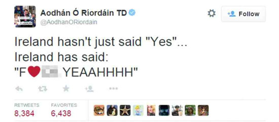 أحد الوزراء الأيرلنديين يعبر عن فرحته بنتيجة التصويت عبر حسابه على تويتر  -اليوم السابع -5 -2015