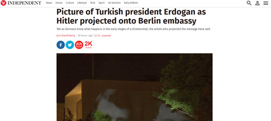 صورة لأردوغان بشارب هتلر على حائط السفارة التركية بألمانيا..ونشطاء لقد عاد