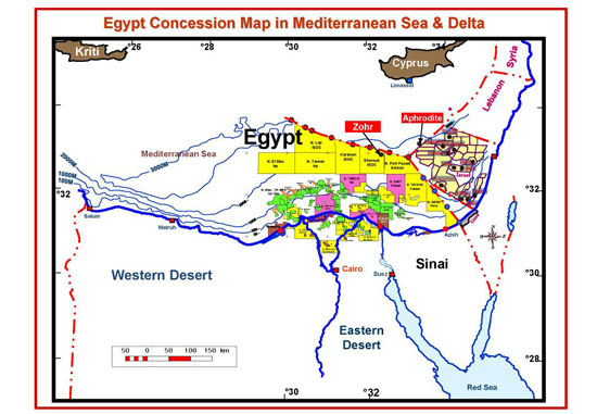 خريطة حدود مصر الاقتصادية مع قبرص وإسرائيل ومناطق النفط بالمتوسط والدلتا (2)