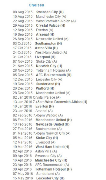 جدول مباريات تشيلسى فى البريميرليج -اليوم السابع -6 -2015