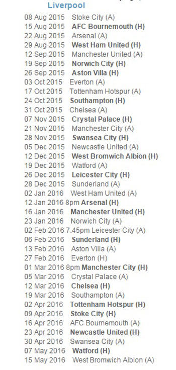 جدول مباريات ليفربول -اليوم السابع -6 -2015