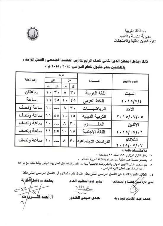  جدول امتحانات الصف الرابع مدارس الصف الواحد -اليوم السابع -6 -2015