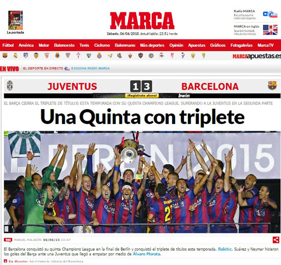 برشلونة يفوز بالخامسة ويحقق الثلاثية التاريخية -اليوم السابع -6 -2015