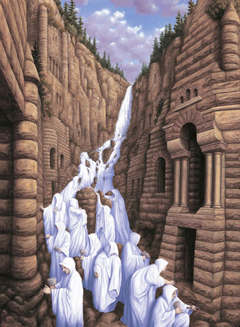 لوحة تظهر كهنة يبنون معبد وعلى ومن نظرة اخرى تظهر تدفق الشلالات -اليوم السابع -7 -2015