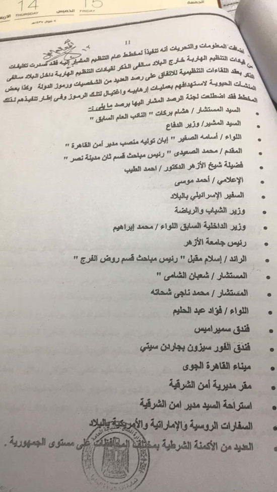 نص قائمة اغتيالات أعدتها عناصر الإخوان المتهمين بقضية النائب العام