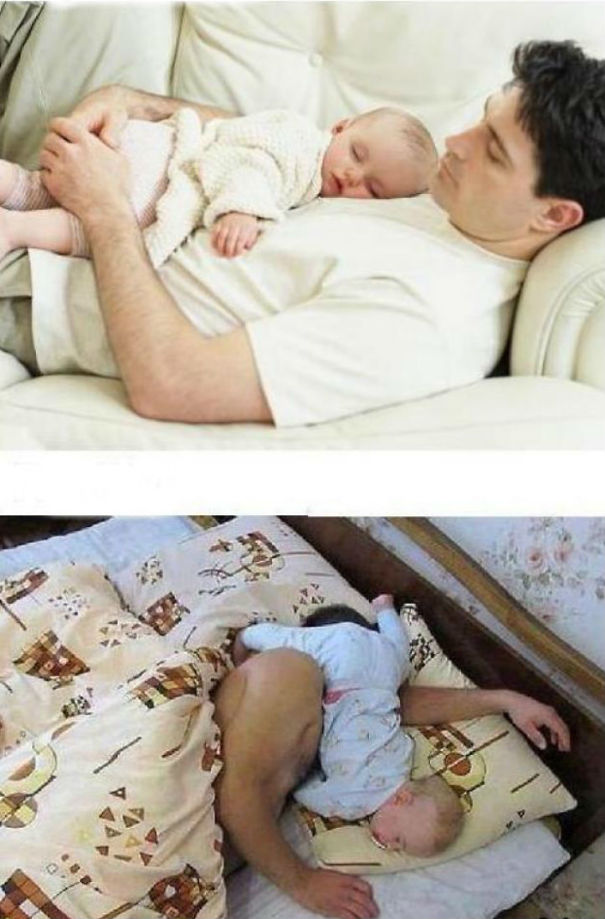 محاولة لتصوير طفل وهو نائم بهدوء مع أبيه