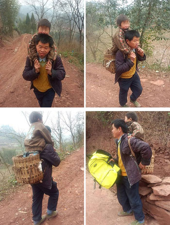 أب صينى يحمل ابنه المعاق 18 ميلًا يوميًا حتى المدرسة -اليوم السابع -9 -2015