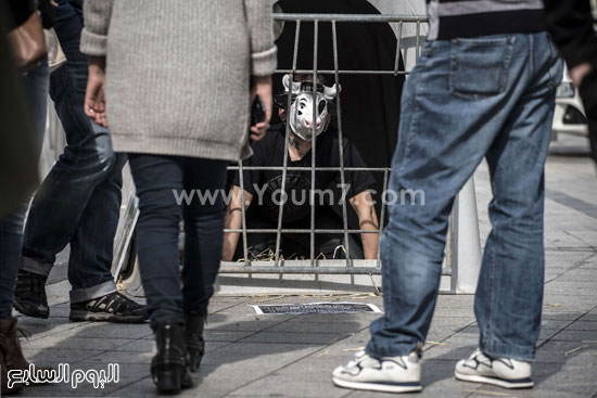  احد النشطاء يرتدى قناع ويجلس بداخل قفص  -اليوم السابع -9 -2015