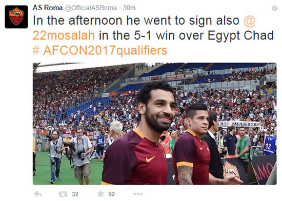 تغريدة روما للإشادة بهدف صلاح فى مرمى تشاد -اليوم السابع -9 -2015