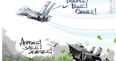 بالكاريكاتير.. مقاتلة واحدة   سو – 27  روسية تدمر 3 مقاتلات  إف – 35   