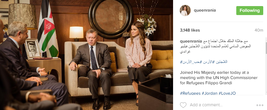 الملكة رانيا تنشر صورة استقبال الملك عبد الله للمفوض شئون اللاجئين فيليبو غراندى 