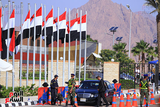 أعلام مصر ترفرف على طريق قاعة المؤتمرات بشرم الشيخ