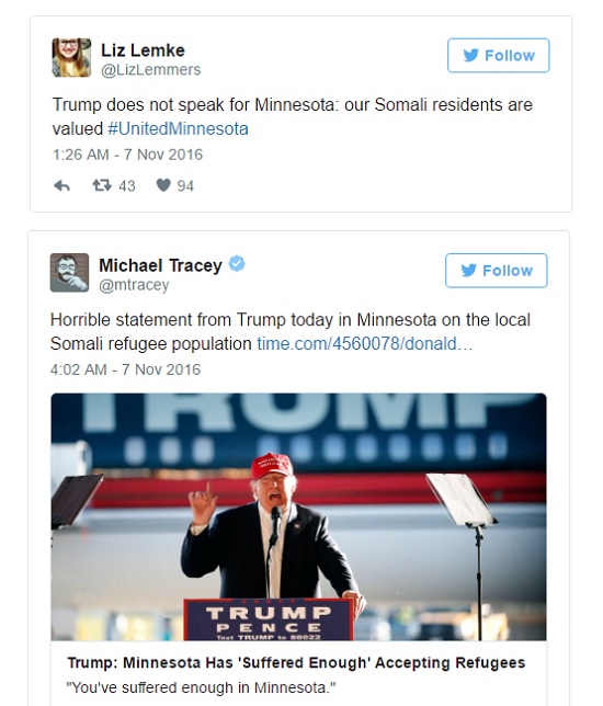 تغريدات رافضة لتصريحات ترامب حول اللاجئين الصوماليين فى الولاية