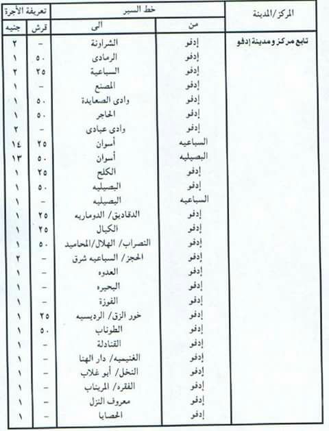 اسعار تعريفة الأجرة بعد اقرار الزيادة عليها في محافظة اسوان