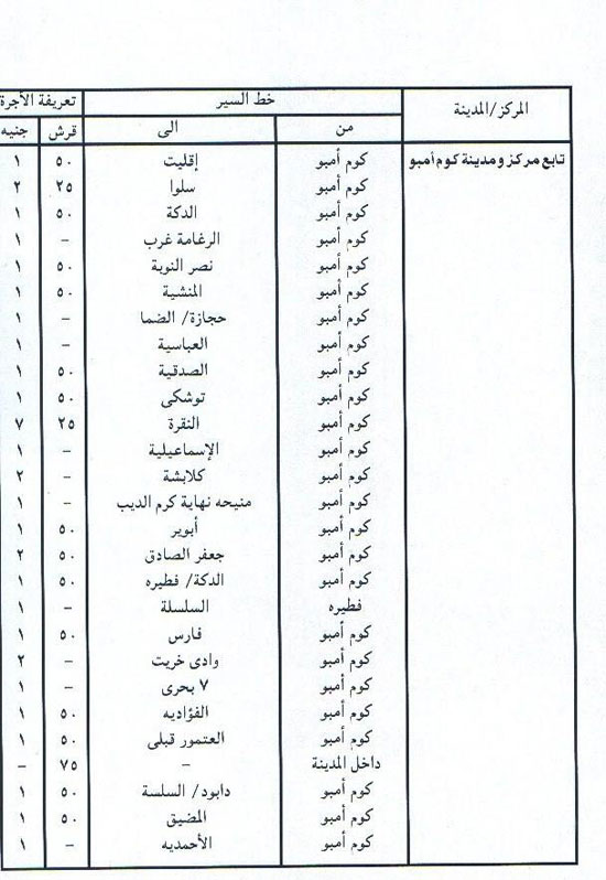 التعريفة الجديدة لخطوط السير بكوم أمبو