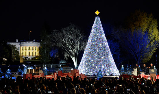 عشرات الأشخاص يحتفلون مع أوباما بإضاءة شجرة عيد الميلاد الرئيسية