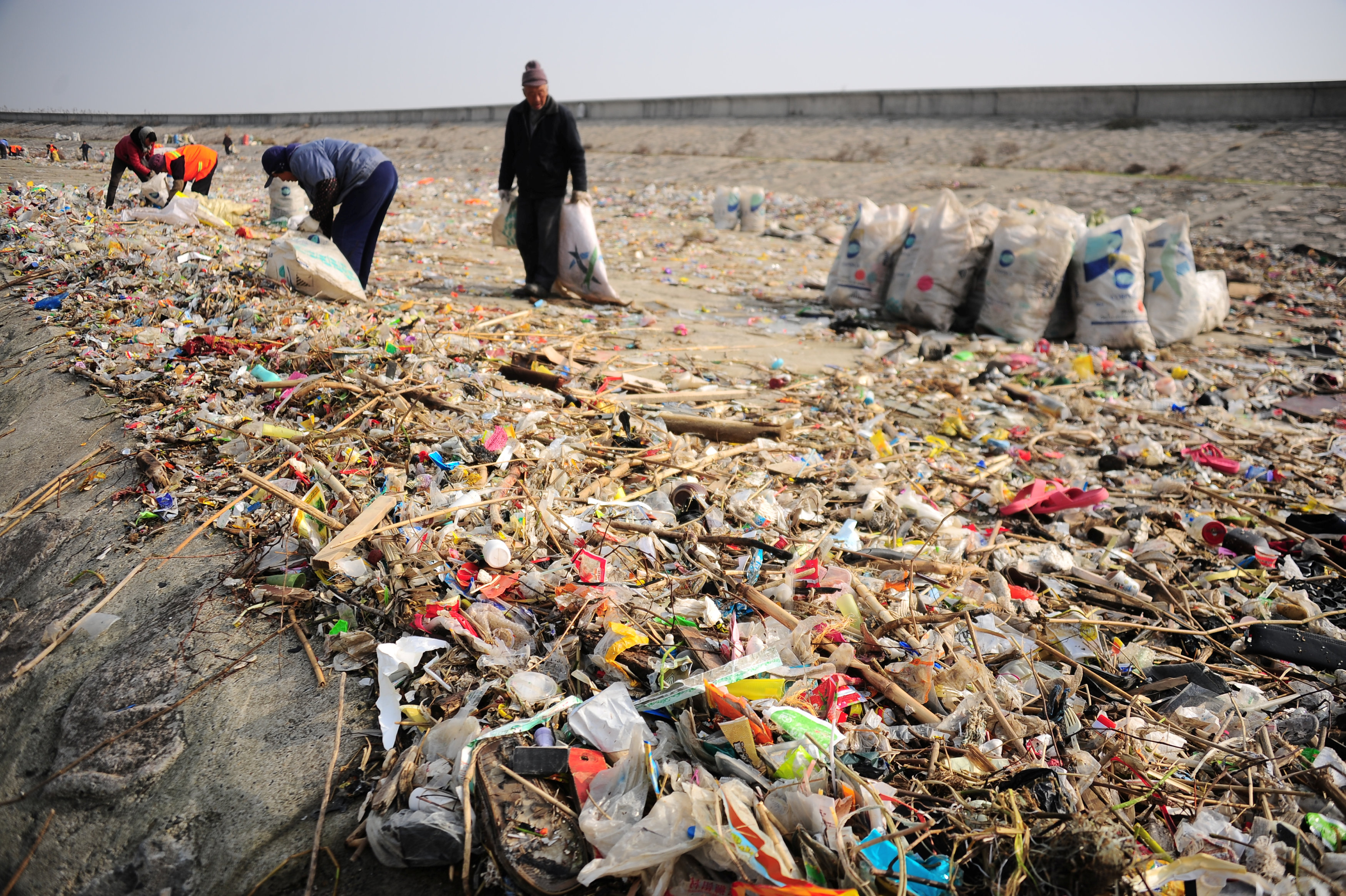 محاولة  جمع المواد النافعة من القمامة على ضفاف نهر اليانجستى بالصين