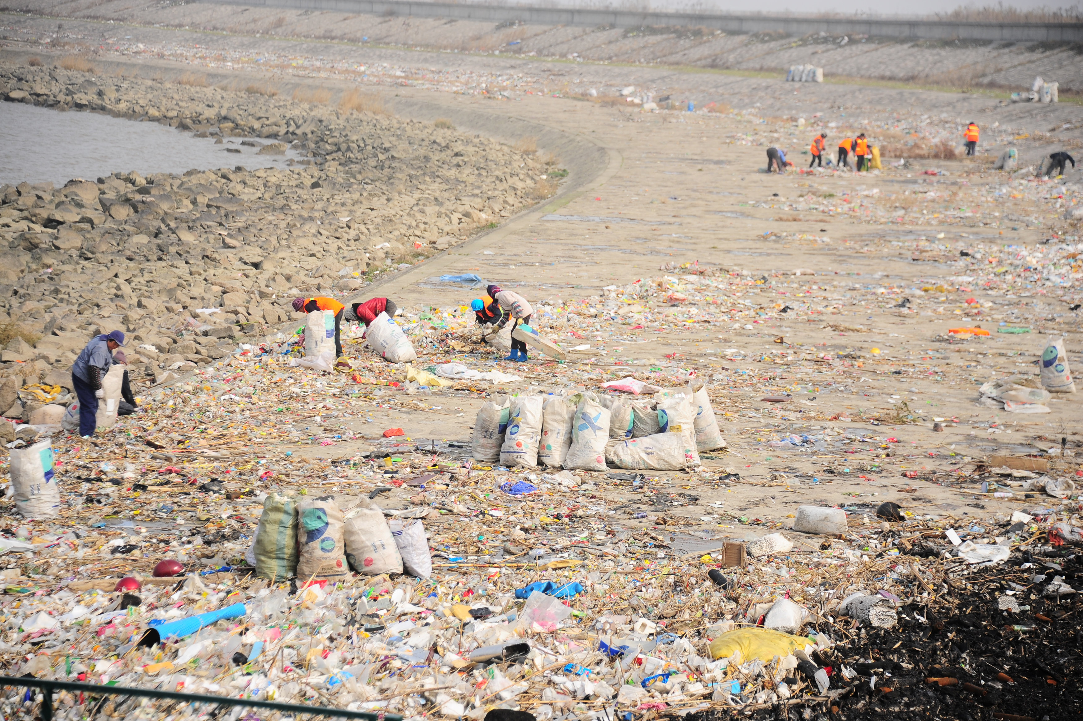 جانب من تراكم القمامة بجوار نهر اليانجستى فى الصين