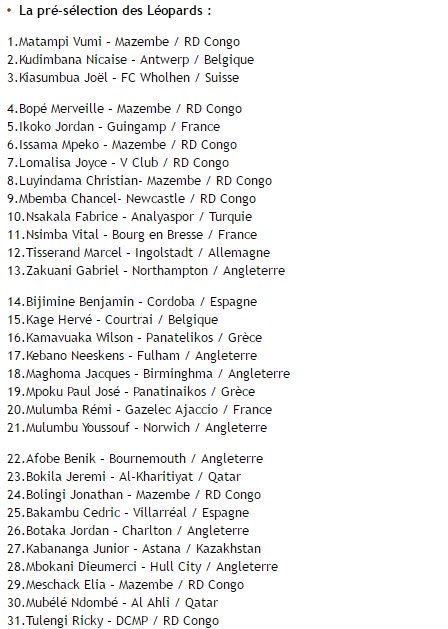 القائمة الاولية لمنتخب الكونغو الديموقراطية