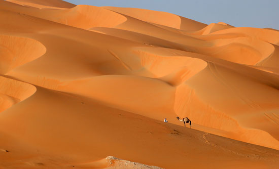 منظر رائع لرجل يسير بجمله فى واحدة ليوا بدولة الإمارات العربية 
