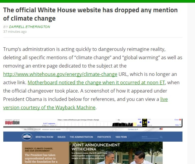 الغاء صفحة تغير المناخ من موقع البيت الأبيض