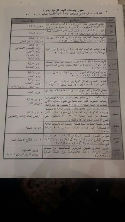 جدول اجتماعات اللجنة البرلمانية لمناقشة الحساب الختامى للموازنة