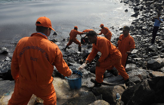 فريق الاستجابة للتلوث يزيل بقع النفط السميكة من أحد السواحل الهندية