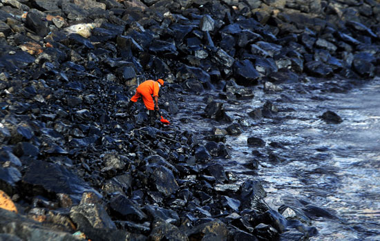 عضو فريق استجابة للتلوث بالهند ينظف مياه الساحل من بقع الزيت