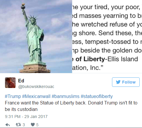 تغريدة أخرى تطالب باسترجاع تمثال الحرية