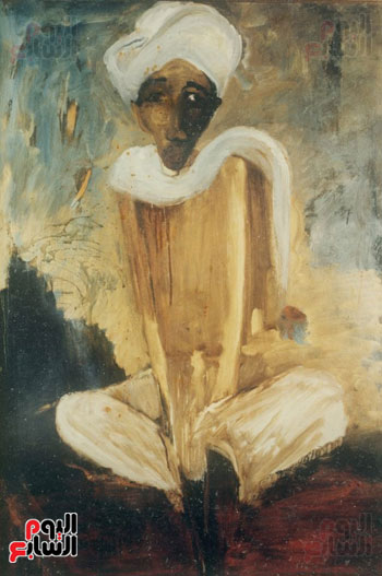 لوحة للملكة فريدة تجسد رجلاً جالساً