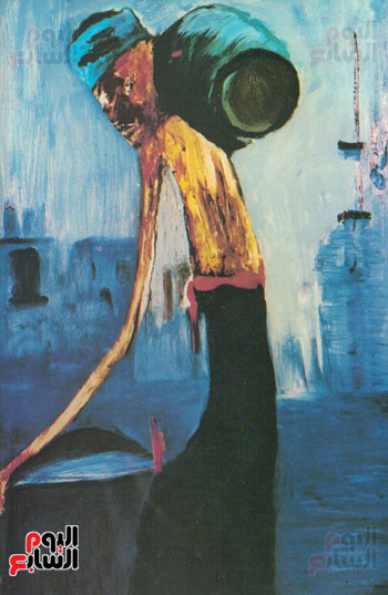 لوحة للملكة فريدة تجسد رجلاً يحمل جرة