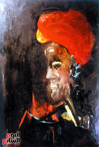 لوحة للملكة فريدة تصور ملامح رجل بعمامة حمراء