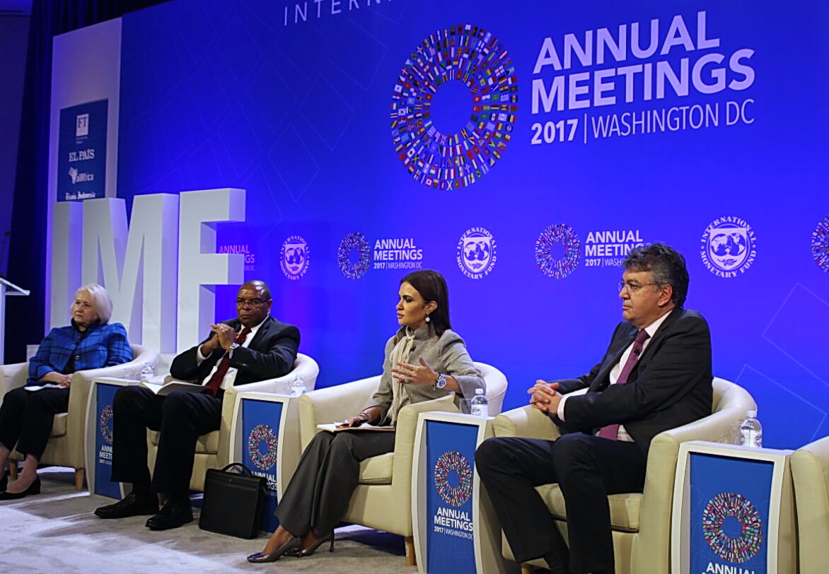 يسحر نصر خلال جلسة رفيعة المستوى بمؤتمر صندوق النقد الدولى