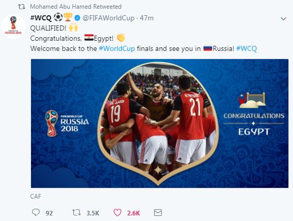 الحساب الرسمي لكأس العالم يهنئ مصر
