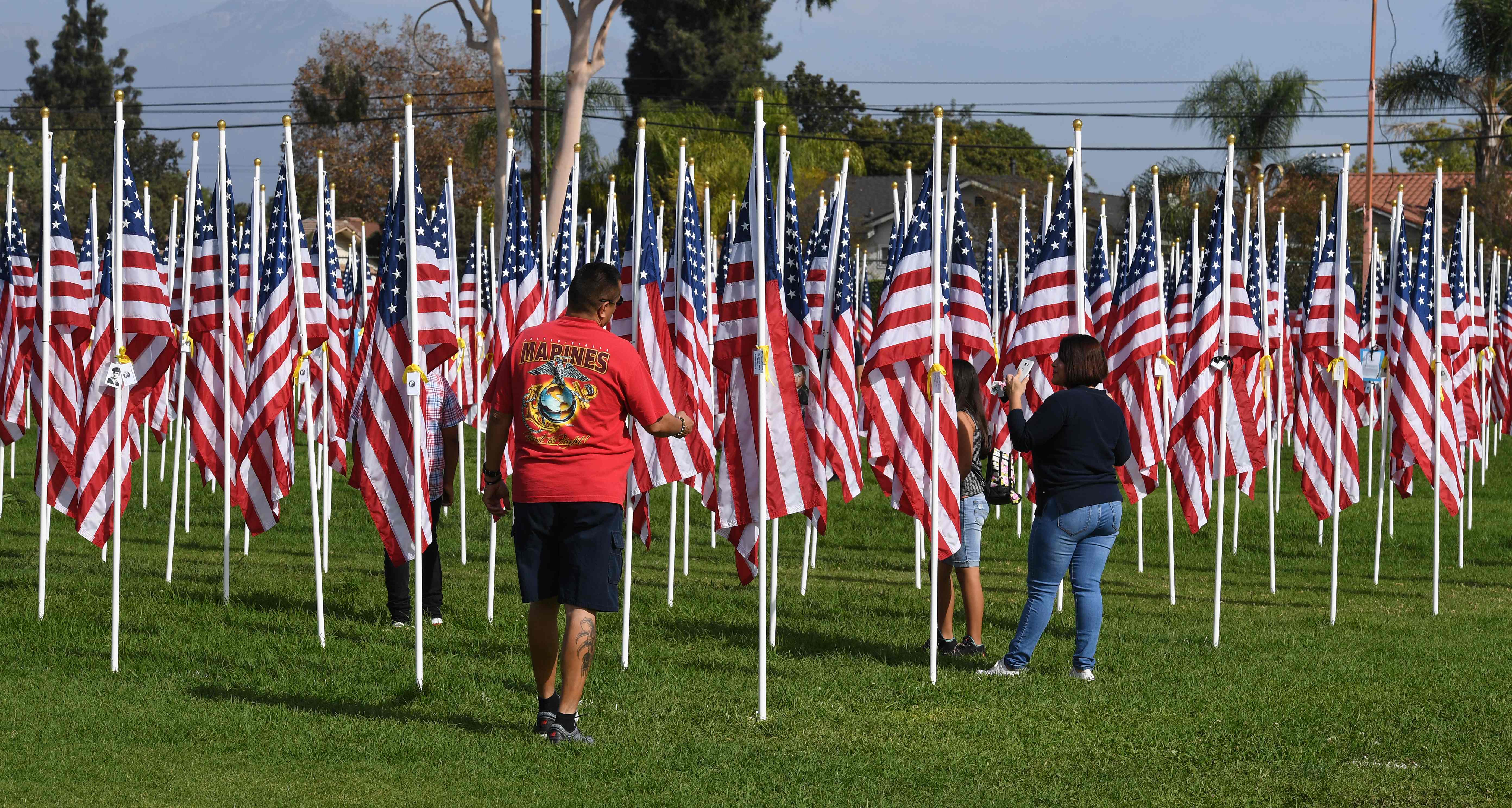 الأعلام الامريكية وعليها صور الجنود